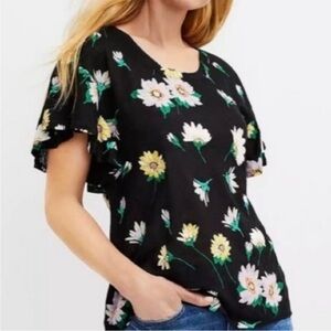 Loft Linen Floral Black Women's Top with Flutter Sleeves EUC Small